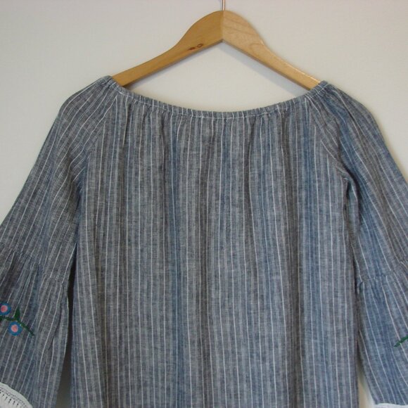 Linen Blend Striped Floral Dress Loose Embroidered Fringe BeachLunchLounge XS - Picture 12 of 13